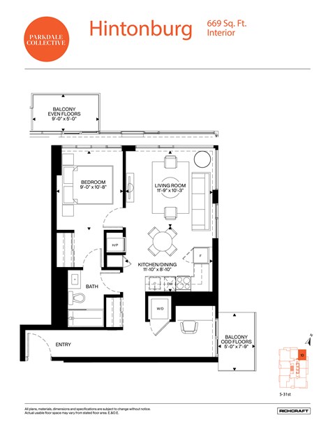 Floor plan for 1 bed, 1 bath, 669 sqft